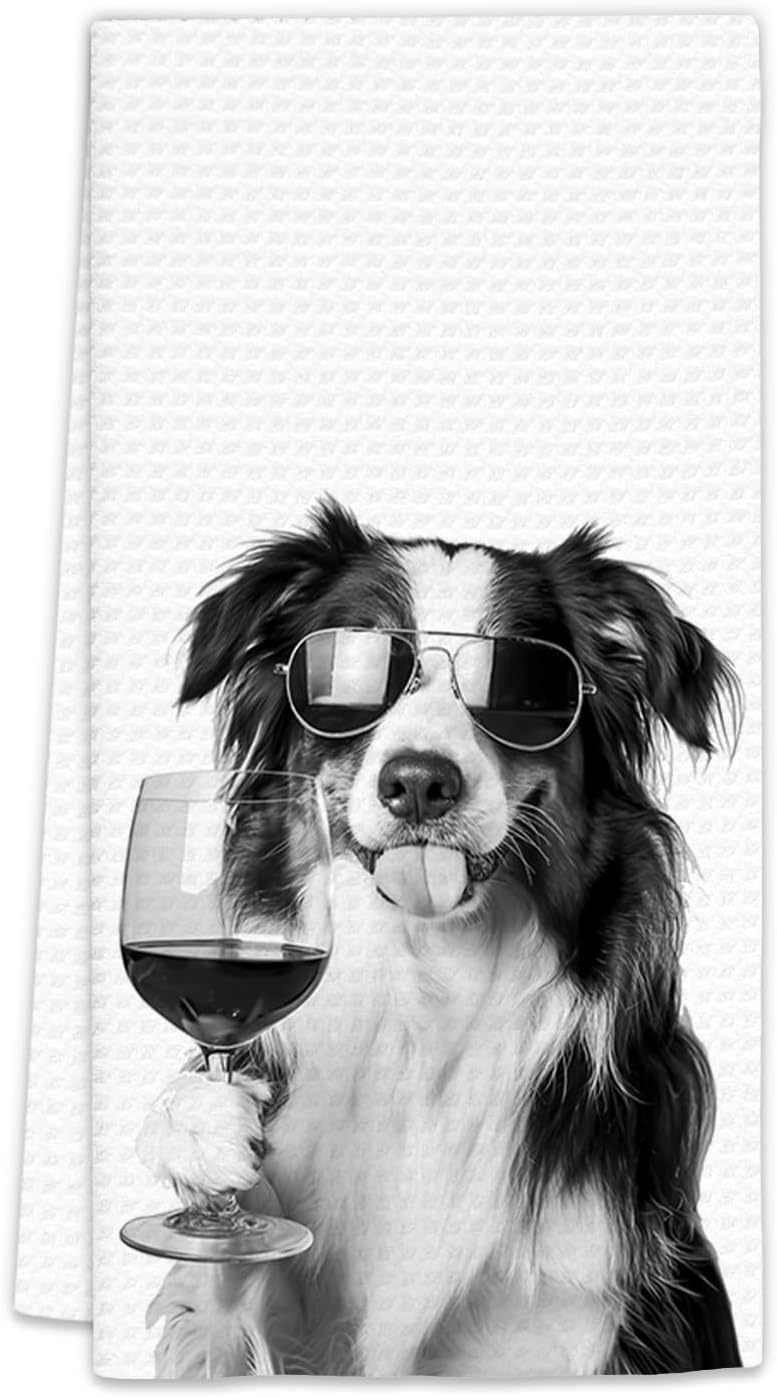 FIicy Border Collie Gifts Wine Kitchen Towels, Gifts for Border Collie Dog Wine Lovers Decorative Hand Dish Tea Towel for Kitchen Home Bar, Funny BordeCollie Dog Owners Home Bar Decor(16x24In) - Image 1